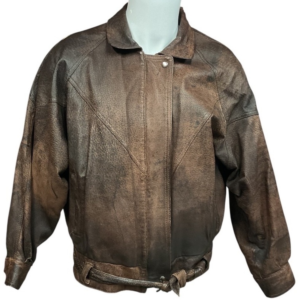 Weathered Look Thinsulate Long Sleeve Belted 100% Leather Bomber Jacket Size L